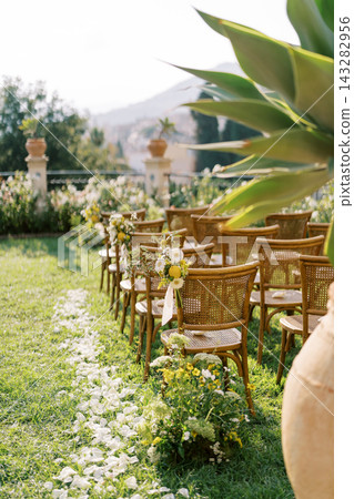 Elegant outdoor wedding ceremony setup in Taormina 143282956