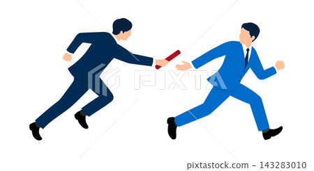 An illustration depicting two businessmen passing a baton while running, representing the handover of duties, business succession, and teamwork. An illustration depicting two businessmen passing a baton while running, representing the handover of duties, business succession, and teamwork. 143283010