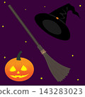 A pumpkin, a broom, and a black witch s hat. A Halloween set. 143283023