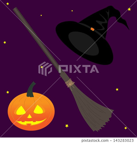 A pumpkin, a broom, and a black witch s hat. A Halloween set. A pumpkin, a broom, and a black witch s hat. A Halloween set. 143283023