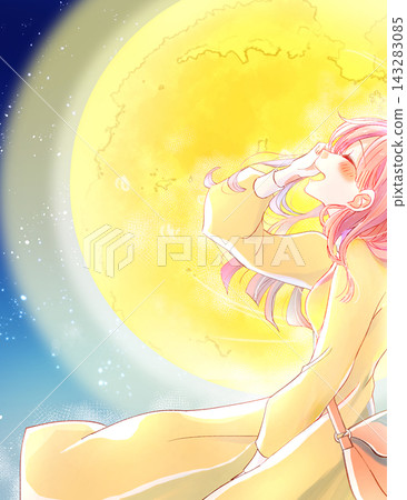 Smiling woman, moon, vertical, starry sky Smiling woman, moon, vertical, starry sky 143283085