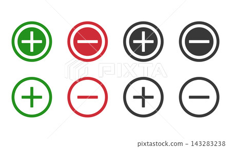 Plus and minus circular button icon set in green, red, and black outline styles for web interface, zoom, or math, Colorful circles with mathematical symbols. Plus and minus circular button icon set in green, red, and black outline styles for web interface, zoom, or math, Colorful circles with mathematical symbols. 143283238