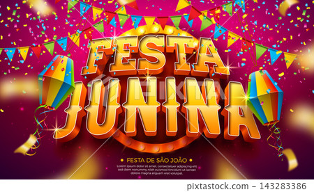 Festa Junina Festival Banner Illustration with Light Bulb Billboard, Party Flags and 3d Typography Lettering on Red Falling Confetti Background. Vector Brazil Sao Joao June Carnival Design for Festa Junina Festival Banner Illustration with Light Bulb Billboard, Party Flags and 3d Typography Lettering on Red Falling Confetti Background. Vector Brazil Sao Joao June Carnival Design for 143283386