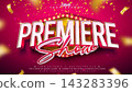 Premiere Show Text Effect Design Editable Vector Graphic Style Effect with Light Bulb Frame Billboard and 3d Typography Lettering on Falling Gold Confetti Background. Premium Luxury Casino, Night Club 143283396
