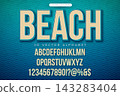 Vintage 3d Alphabet Font Set with Sand and Ocean Blue Beach Style Typography on Wavy Summer Holiday Background. Retro Typeface Design Collection with ABC, Number and Special Characters for Promotional 143283404