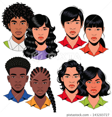 The image shows a digital illustration depicting a group of people with various hairstyles and colorful clothing The image shows a digital illustration depicting a group of people with various hairstyles and colorful clothing 143283727