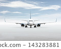 Front view of the passenger airliner isolated on bright background with sky 143283881