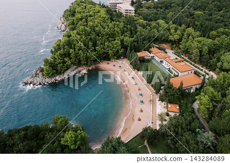 Aerial View of Villa Milocer and Secluded Beach in Sveti Stefan Montenegro Aerial View of Villa Milocer and Secluded Beach in Sveti Stefan Montenegro 143284089