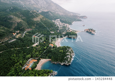 Aerial View of Villa Milocer and Sveti Stefan Coastline Montenegro Aerial View of Villa Milocer and Sveti Stefan Coastline Montenegro 143284448