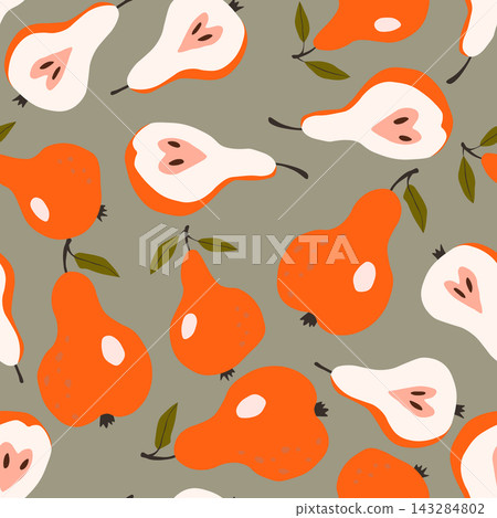 Seamless pattern with pear on color background. Natural delicious fresh ripe tasty fruit. Sweet pears with leaves. Food concept. Vector illustration for print, fabric, textile Seamless pattern with pear on color background. Natural delicious fresh ripe tasty fruit. Sweet pears with leaves. Food concept. Vector illustration for print, fabric, textile 143284802
