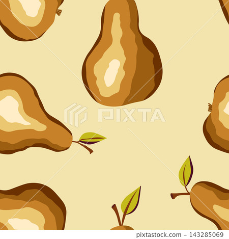 Seamless pattern with pear on color background. Natural delicious fresh ripe tasty fruit. Sweet pears with leaves. Food concept. Vector illustration for print, fabric, textile Seamless pattern with pear on color background. Natural delicious fresh ripe tasty fruit. Sweet pears with leaves. Food concept. Vector illustration for print, fabric, textile 143285069
