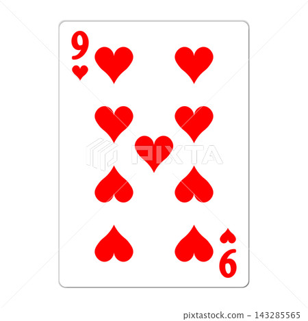 Nine of hearts. Playing card with golden elements. Casino icons. Pictograms representing different suits. Vector illustration. Flat design for modern visual elements Nine of hearts. Playing card with golden elements. Casino icons. Pictograms representing different suits. Vector illustration. Flat design for modern visual elements 143285565