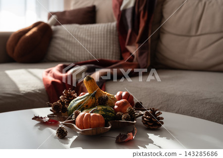 Autumnal arrangement with pumpkins and pinecones on a white table near a sofa Autumnal arrangement with pumpkins and pinecones on a white table near a sofa 143285686