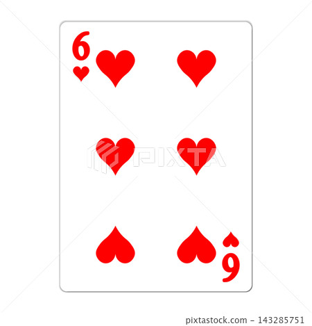 Six of hearts. Playing card with golden elements. Casino icons. Pictograms representing different suits. Vector illustration. Flat design for modern visual elements Six of hearts. Playing card with golden elements. Casino icons. Pictograms representing different suits. Vector illustration. Flat design for modern visual elements 143285751