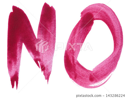 The word NO painted with pink watercolor paint and brush on a white background. The word NO painted with pink watercolor paint and brush on a white background. 143286224