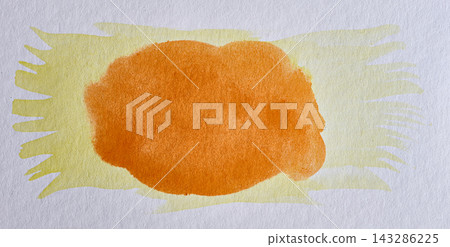 Abstract bright orange spot against a background of yellow watercolor brush stroke on white paper. Abstract bright orange spot against a background of yellow watercolor brush stroke on white paper. 143286225