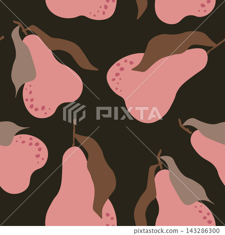 Seamless pattern with pear on color background. Natural delicious fresh ripe tasty fruit. Sweet pears with leaves. Food concept. Vector illustration for print, fabric, textile 143286300