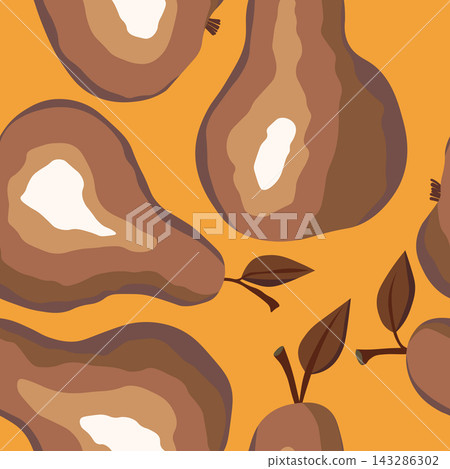 Seamless pattern with pear on color background. Natural delicious fresh ripe tasty fruit. Sweet pears with leaves. Food concept. Vector illustration for print, fabric, textile Seamless pattern with pear on color background. Natural delicious fresh ripe tasty fruit. Sweet pears with leaves. Food concept. Vector illustration for print, fabric, textile 143286302
