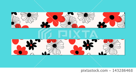 Vector illustration of a set of decorative ribbon stripes. Masking tape, satin or corsage, grssgrain tape, adhesive tapes for frames, scrapbooking. Packing patterned ribbons with foral ornament Vector illustration of a set of decorative ribbon stripes. Masking tape, satin or corsage, grssgrain tape, adhesive tapes for frames, scrapbooking. Packing patterned ribbons with foral ornament 143286468