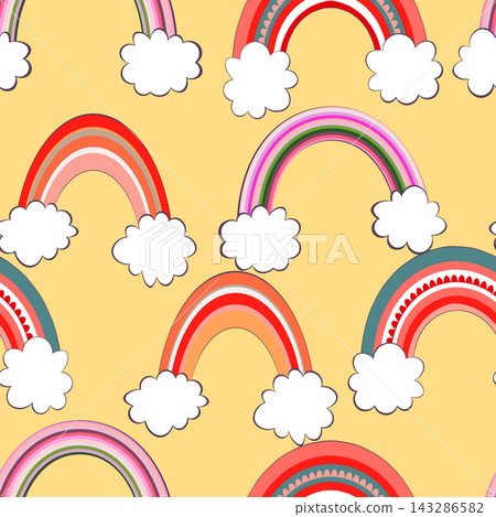 Trendy seamless pattern with colorful rainbow on color background. Design for invitation, poster, card, fabric, textile, fabric. Cute holiday illustration for baby. Scandinavian doodle style Trendy seamless pattern with colorful rainbow on color background. Design for invitation, poster, card, fabric, textile, fabric. Cute holiday illustration for baby. Scandinavian doodle style 143286582