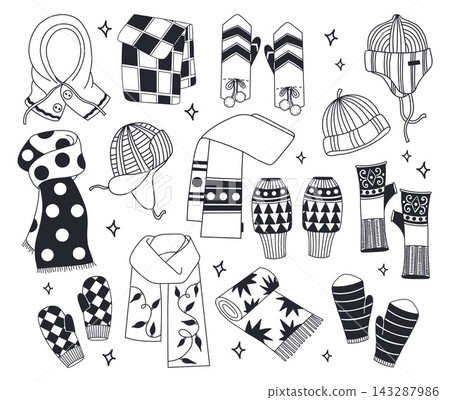 Winter Clothes Scarves Mittens Hats Set. Doodle Accessories, Ushanka Cap, Balaclava and Fingerless Mitts. Vector Illustration. Isolated Black Hand Drawn Line Art for Coloring Book, Stickers and Craft. Winter Clothes Scarves Mittens Hats Set. Doodle Accessories, Ushanka Cap, Balaclava and Fingerless Mitts. Vector Illustration. Isolated Black Hand Drawn Line Art for Coloring Book, Stickers and Craft. 143287986