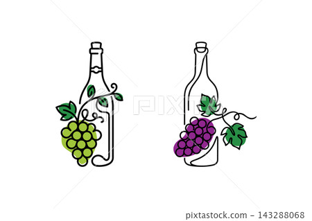 Wine bottles and grapes illustration in vector line art drawing style Wine bottles and grapes illustration in vector line art drawing style 143288068
