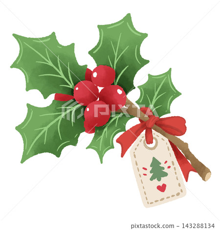 Christmas Holly Branch with Red Berries Ribbon and Gift Tag Festive Botanical Greenery Holiday Winter Farmhouse Seasonal Illustration 143288134
