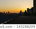 The sunset sky, tinged with orange, and the silhouettes of city buildings. 143288209