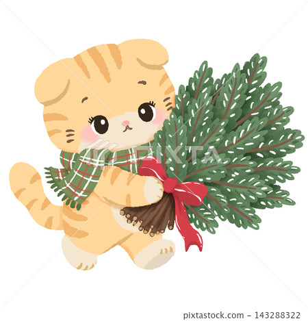 136. Cute Orange Tabby Cat Carrying Fresh Evergreen Christmas Tree with Red Bow Cozy Tree Farm Holiday Winter Kawaii Kitten Seasonal Illustration 143288322
