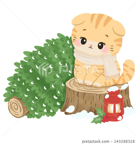 Cute Orange Tabby Cat Sitting on Snowy Tree Stump Beside Fresh Christmas Tree and Red Lantern Cozy Winter Tree Farm Kawaii Holiday Illustration Cute Orange Tabby Cat Sitting on Snowy Tree Stump Beside Fresh Christmas Tree and Red Lantern Cozy Winter Tree Farm Kawaii Holiday Illustration 143288328