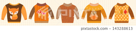 Cute orange and brown vector autumn sweaters with pumpkin, mushrooms and leaves, cozy jumpers for fall and Thanksgiving graphic design 143288613