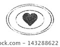 Oval love stamp with a bold heart symbol inside a worn double border. Distressed black vintage rubber seal isolated on white for romantic cards, letters, messages, and scrapbook designs. 143288622