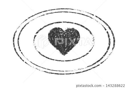 Oval love stamp with a bold heart symbol inside a worn double border. Distressed black vintage rubber seal isolated on white for romantic cards, letters, messages, and scrapbook designs. Oval love stamp with a bold heart symbol inside a worn double border. Distressed black vintage rubber seal isolated on white for romantic cards, letters, messages, and scrapbook designs. 143288622
