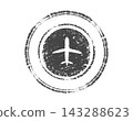 Circular airmail stamp with a white airplane silhouette reversed from dark distressed ink. Vintage black grunge vector seal for international travel, flights, shipping, and delivery. 143288623