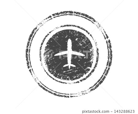 Circular airmail stamp with a white airplane silhouette reversed from dark distressed ink. Vintage black grunge vector seal for international travel, flights, shipping, and delivery. Circular airmail stamp with a white airplane silhouette reversed from dark distressed ink. Vintage black grunge vector seal for international travel, flights, shipping, and delivery. 143288623