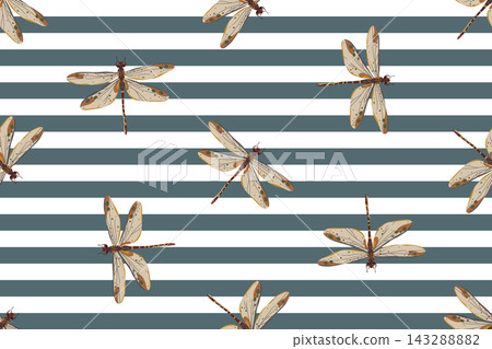 Seamless vector pattern with dragonflies on blue and white stripes. Cute flat style insect background for fabric, wallpaper, and summer designs Seamless vector pattern with dragonflies on blue and white stripes. Cute flat style insect background for fabric, wallpaper, and summer designs 143288882