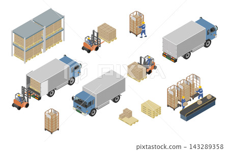 Isometric illustration: Truck and warehouse work set Isometric illustration: Truck and warehouse work set 143289358