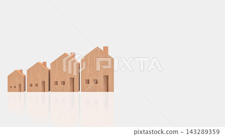 Four Wooden Houses Increasing in Size on a White Background 3d render. 143289359