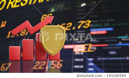 Investment Growth Chart with a Golden Shield and Rising Arrow 3d render. Investment Growth Chart with a Golden Shield and Rising Arrow 3d render. 143289364