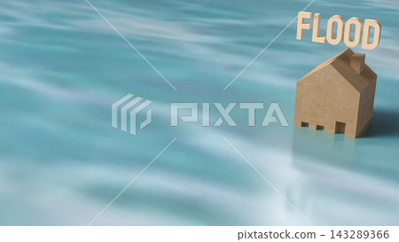 Wooden House Surrounded by Floodwater with Flood Warning Text 3d render. Wooden House Surrounded by Floodwater with Flood Warning Text 3d render. 143289366
