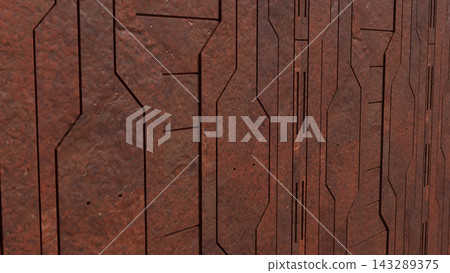 Rusty Futuristic Metal Wall with Geometric Panels 3d render. Rusty Futuristic Metal Wall with Geometric Panels 3d render. 143289375