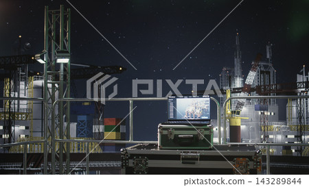 Laptop interface showing fuel extraction metrics on offshore drilling rig during oil crisis shortage. Notebook under northern lights detects oil resources during geopolitical energy conflict 143289844