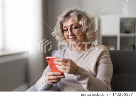 Senior woman checking smartphone sit on sofa at home Senior woman checking smartphone sit on sofa at home 143290557
