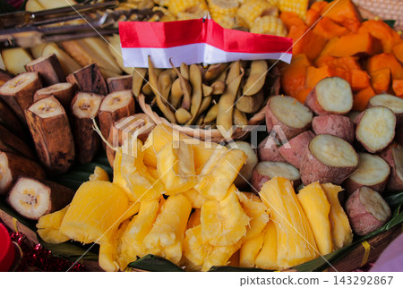 Indonesian Traditional Steamed Food Assortment on Bamboo Tray Indonesian Traditional Steamed Food Assortment on Bamboo Tray 143292867