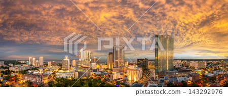 Aerial view of St Petersburg, Florida at golden hour. Coastal urban center with modern downtown district and surrounding neighborhoods. Aerial view of St Petersburg, Florida at golden hour. Coastal urban center with modern downtown district and surrounding neighborhoods. 143292976