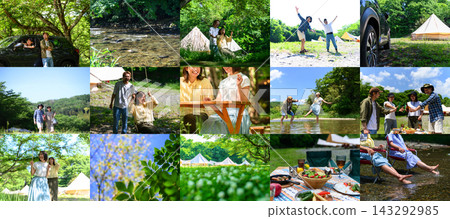 Enjoying camping amidst nature and spending time by the river. Enjoying camping amidst nature and spending time by the river. 143292985