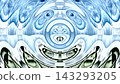 An intricate symmetrical fractal pattern forms a mysterious mask-like face in blue and green tones 143293205