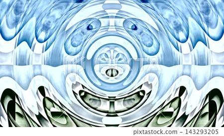 An intricate symmetrical fractal pattern forms a mysterious mask-like face in blue and green tones 143293205