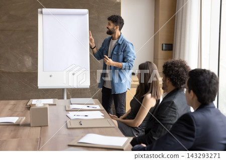 Young businessman make startup presentation to investors group using whiteboard 143293271