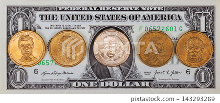 4 JULY 2026 Washington DC US President Donald Trump dollar Coins from different US President placed next to one dollar bill on flat surface. 4 JULY 2026 Washington DC US President Donald Trump dollar Coins from different US President placed next to one dollar bill on flat surface. 143293289